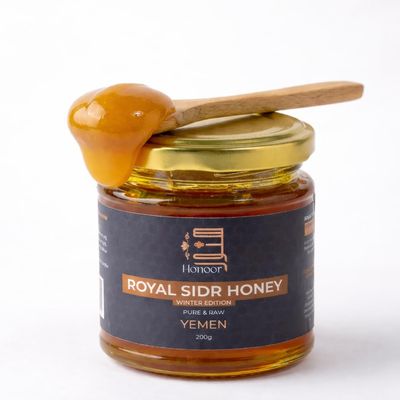 Honoor Royal Yemeni Sidr Winter Harvest with Royal Jelly Highest Grade Extremely Rare | Natural Unfiltered Unheated Pure Honey 200 Grams | Unpasteurised Raw Honey Luxury Honey in a Glass Jar