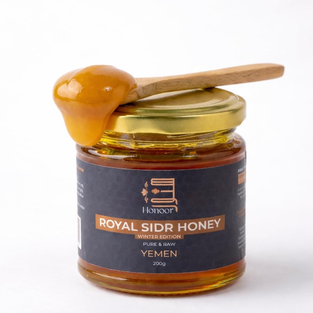 Honoor Royal Yemeni Sidr Winter Harvest with Royal Jelly Highest Grade Extremely Rare | Natural Unfiltered Unheated Pure Honey 200 Grams | Unpasteurised Raw Honey Luxury Honey in a Glass Jar