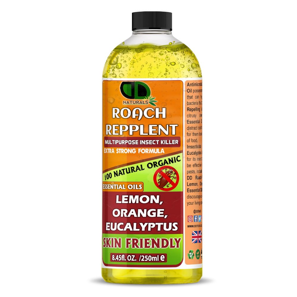 Roach Insect Repellent with Lemon, Orange and Eucalyptus Essential Oil, Mosquito and Spiders for Body Oil Deet Free (250ml Cap)