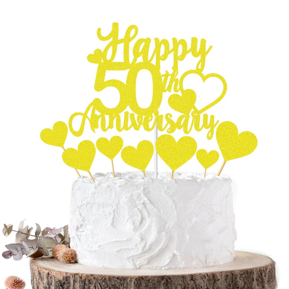 Joyeah Happy 50th Anniversary Cake Topper Decorations Gold Glitter Wedding Anniversary Cake Topper Supplies Party Cake Decor