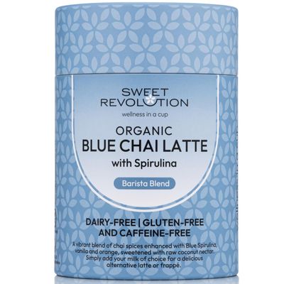 Sweet Revolution Blue Chai Latte with Spirulina Barista Blend (1 x 100g) tub. Caffeine Free, Gluten Free, Dairy Free, Refined Sugar-Free.