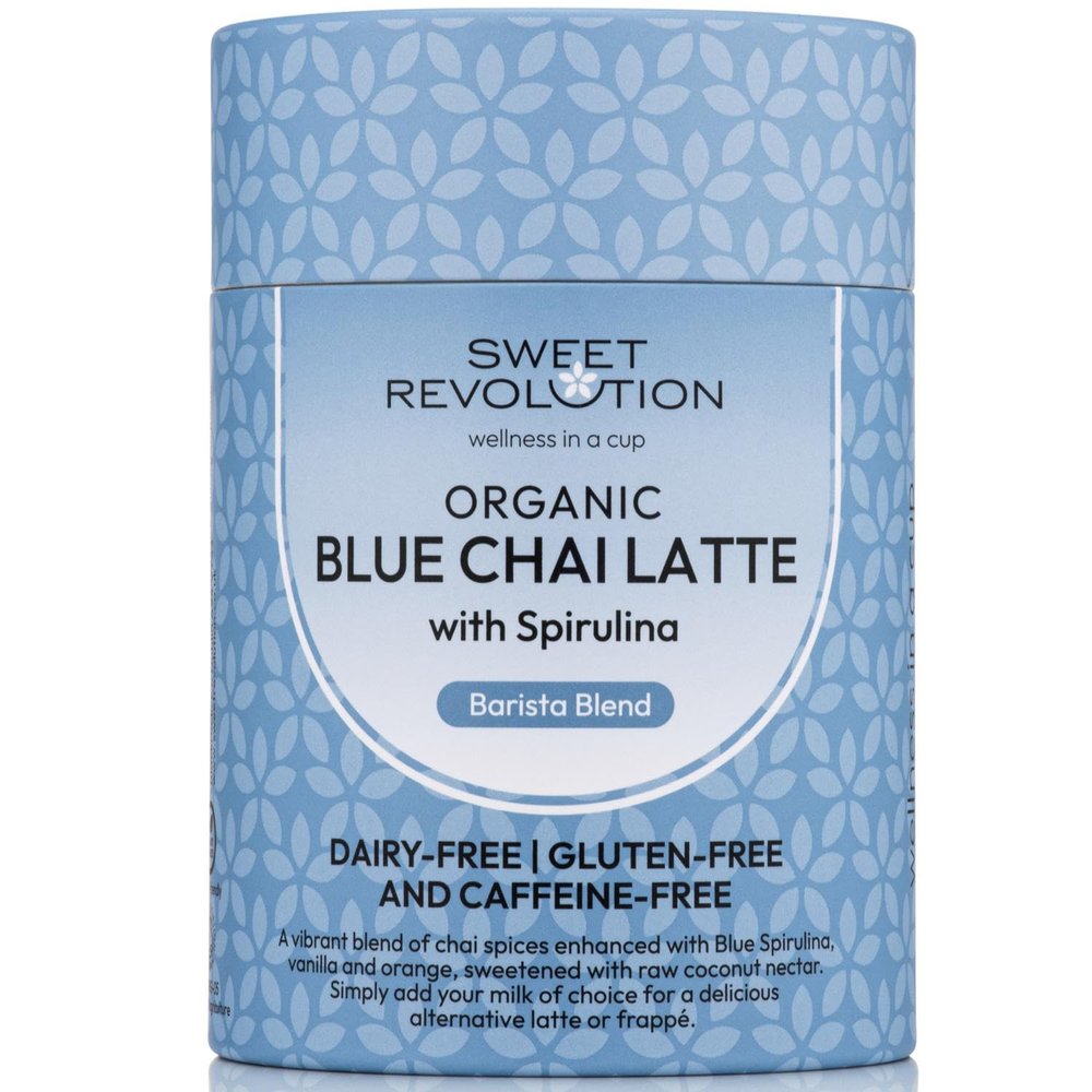 Sweet Revolution Blue Chai Latte with Spirulina Barista Blend (1 x 100g) tub. Caffeine Free, Gluten Free, Dairy Free, Refined Sugar-Free.