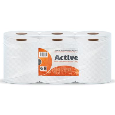 Indigo Active White Centrefeed Rolls 6 Pack | 2-Ply Laminated & Embossed Strong Paper Towels | 300 Sheets per Roll (166mm Width) | Dispenser Friendly, Super Absorbent Cleaning & Hand Drying Tissue
