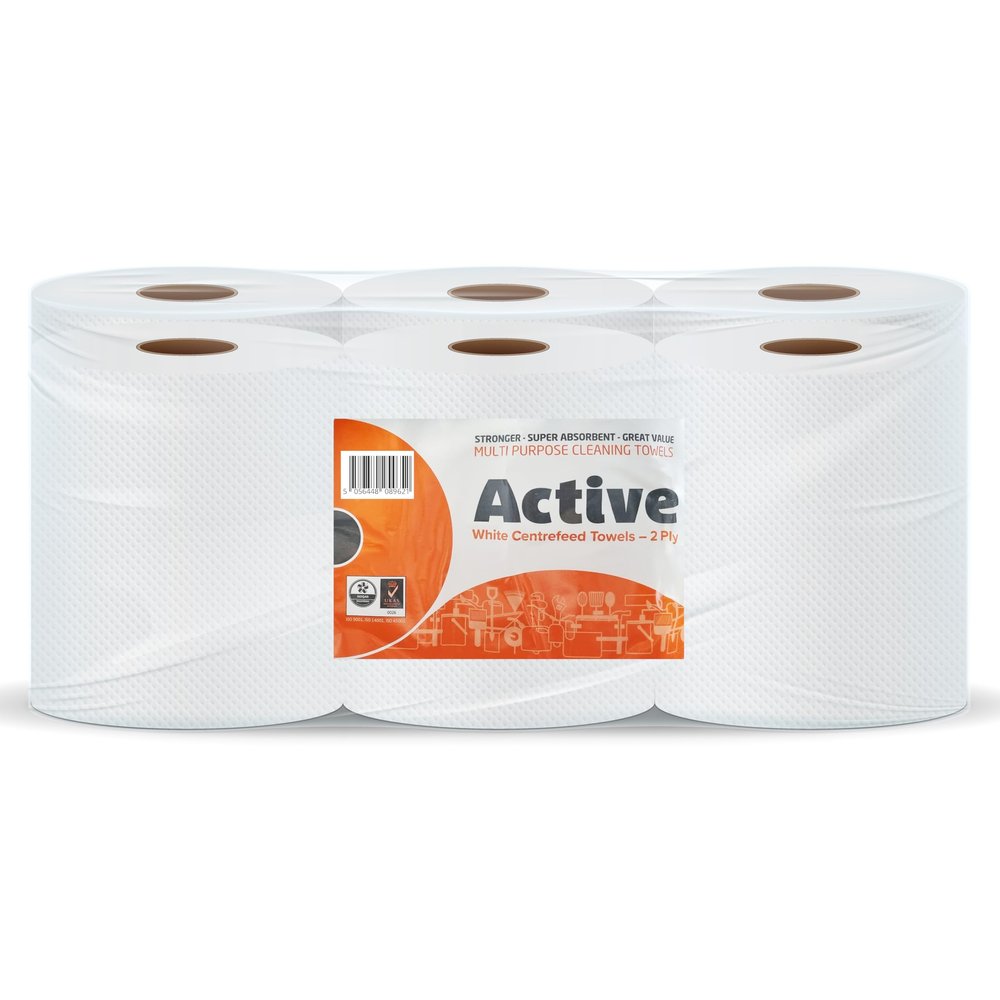 Indigo Active White Centrefeed Rolls  6 Pack | 2-Ply Laminated & Embossed Strong Paper Towels | 300 Sheets per Roll (166mm Width) | Dispenser Friendly, Super Absorbent Cleaning & Hand Drying Tissue