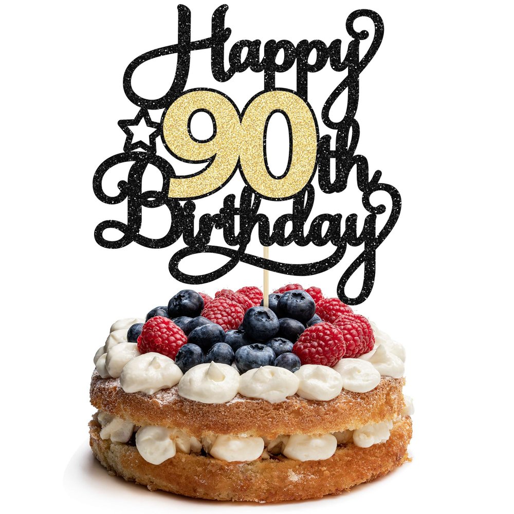 1Pc Happy 90th Birthday Cake Topper Black Gold Glitter Cheers to 90 Years Birthday Cake Pick 90 Fabulous Cake Decoration for Happy 90th Birthday Anniversary Party Cake Decorations Supplies