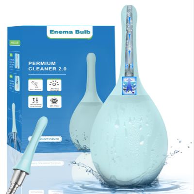 Enema Bulb Anal Douche Kit - with Shower Connect, 245ml Silicone Enema for Personal Hygiene & Refreshing Rinse, Anti-Backflow Valve & 7-Hole Nozzle, Filter Attachment Included (Light Blue)
