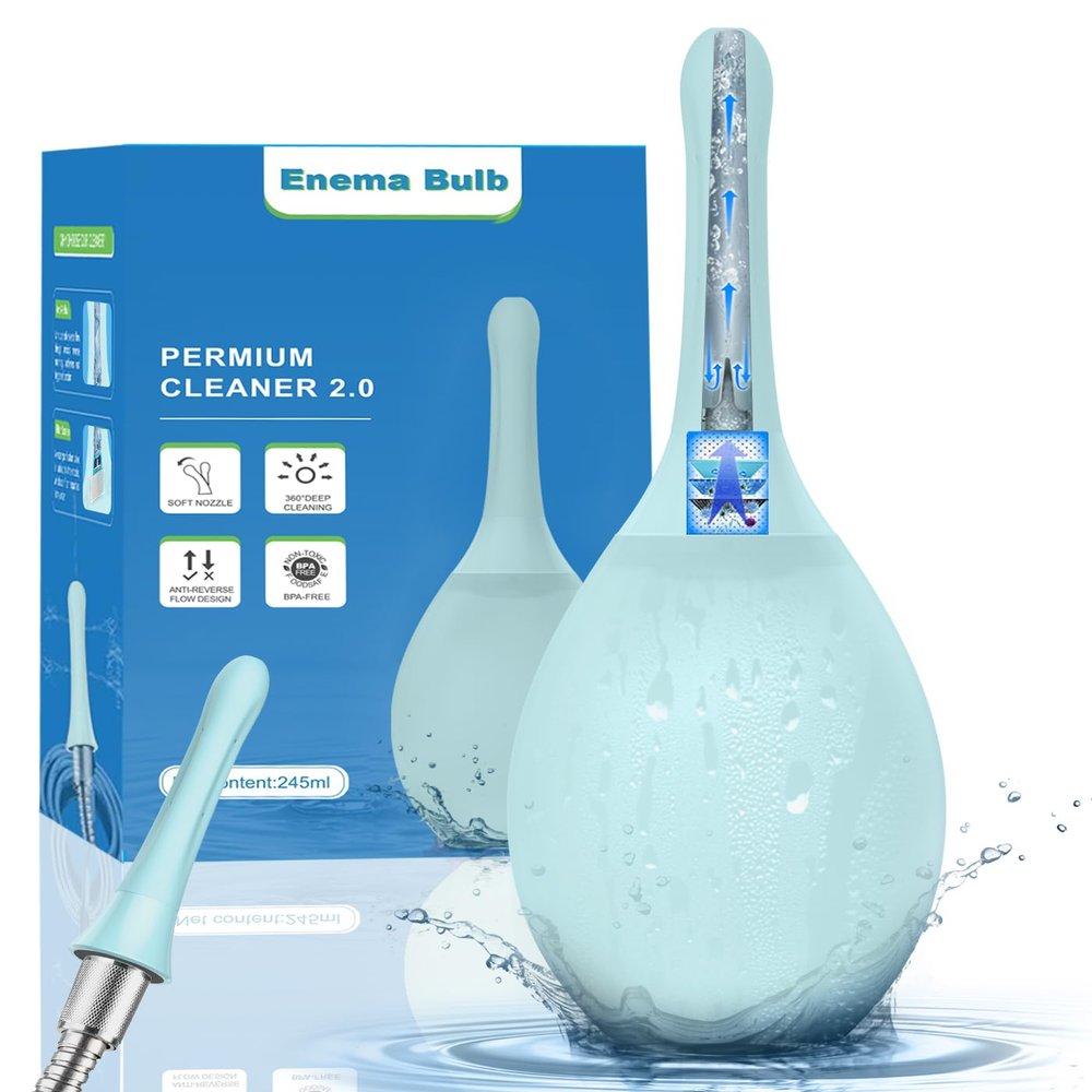 Enema Bulb Anal Douche Kit - with Shower Connect, 245ml Silicone Enema for Personal Hygiene & Refreshing Rinse, Anti-Backflow Valve & 7-Hole Nozzle, Filter Attachment Included (Light Blue)