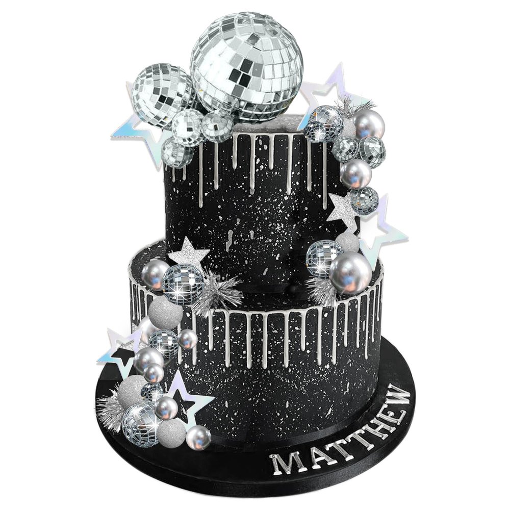DRWATE Disco Ball Cake Topper Mirror Balls Cake Decorations with Silver Stars Cake Topper for 70s 80s Disco Dance Party Saturday Night Fever Supplies (Style 1)