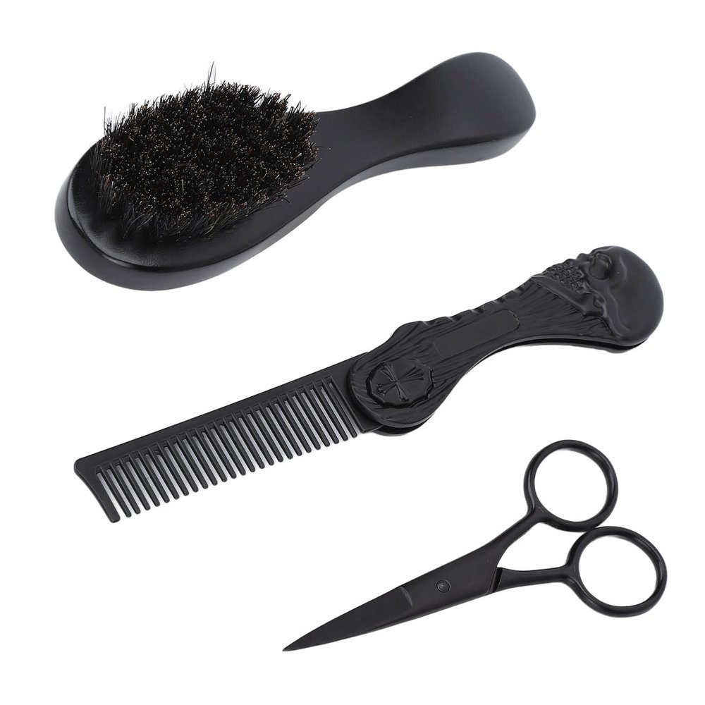 Beard Care Kit with Brush, Scissors, Folding Comb - Create W, O, D Shaped Beard - Ergonomic Design - Soft Bristles - Men's Grooming Set with Rotatable Folding Comb and