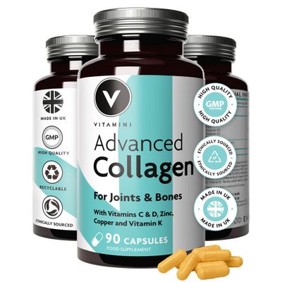 Advanced Collagen Complex for Joints & Bones  Pure Marine Collagen Supplements for Women & Men with Vitamin D3 K2, C, Zinc, Copper, Type 1 High Strength Fish Peptides Capsules, UK Made, 30-Day Supply