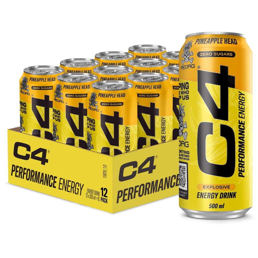 C4 Performance Energy Drinks Pineapple Head 500ml (12 pack) | Sugar Free Energy Drink with 160mg Caffeine, 250mg Betaine, 1050mg Taurine | Low Calorie Fizzy Drinks for On the Go Energy and Focus
