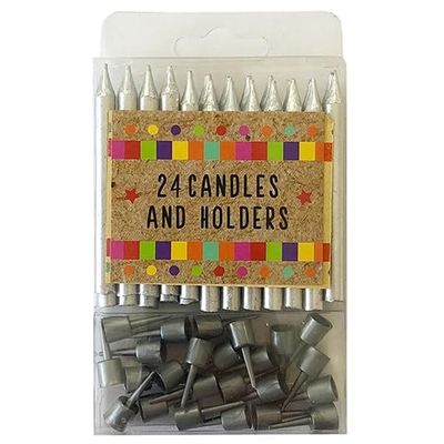 24 Silver Birthday Cake Candles & Holders Party Supplies Celebration Accessories 62155