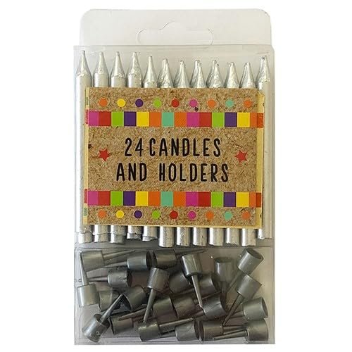 24 Silver Birthday Cake Candles & Holders Party Supplies Celebration Accessories 62155