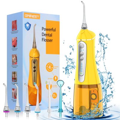 Water Dental flosser for Teeth Cleaning - Rechargeable Cordless Oral Irrigator 4 Modes 6 Tips IPX 7 Waterproof Portable Teeth Cleaner Pick for Home TraveYellow