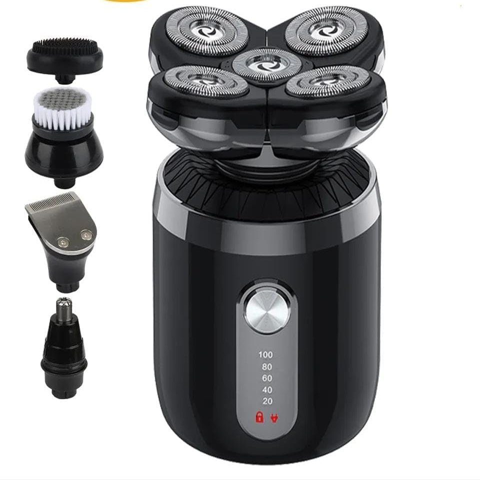 4D Men's Rechargeable Bald Head 5 In 1 Electric Shaver 5 Floating Heads Beard Nose Ear Hair Trimmer Razor Clipper Facial Brush