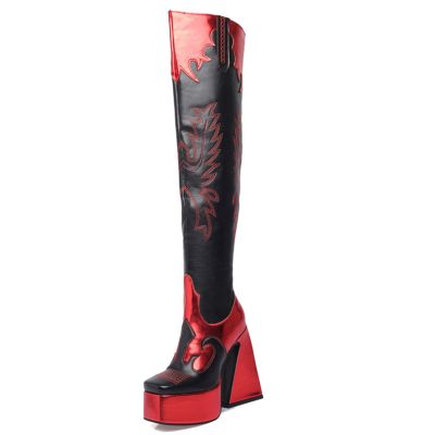 WOkismD 14CM/5.51IN Thick-Soled Color-Blocked Rusty Thick High-Heeled Over-The-Knee Boots Large Size Square Toe Side Zipper Stage Boots for Women,Black,39