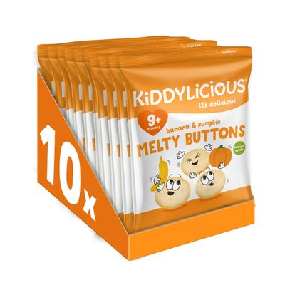 Kiddylicious Banana & Pumpkin Melty Buttons - Delicious Snacks for Kids - Suitable for 9+ Months - 10 Packs