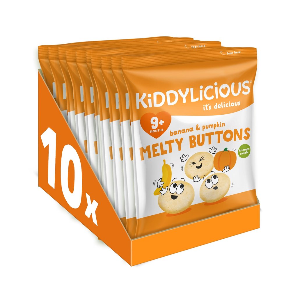 Kiddylicious Banana & Pumpkin Melty Buttons - Delicious Snacks for Kids - Suitable for 9+ Months - 10 Packs