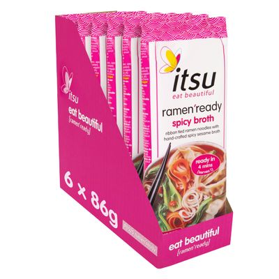 itsu Ramen Ready Noodles 86g | Spicy Broth | Authentic Japanese Flavour | Ribbon Tied Ramen Noodles | Pack of 6