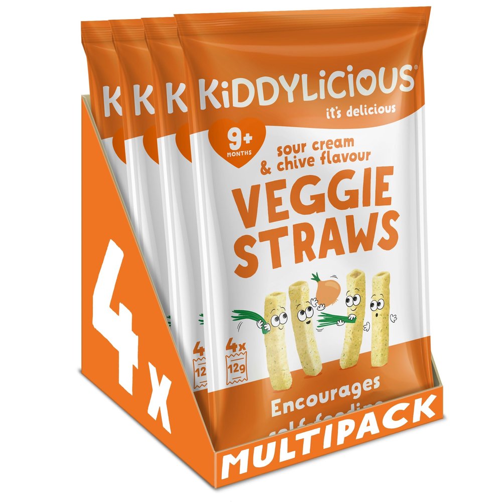 Kiddylicious Sour Cream & Chive Straws - Delicious Snacks for Kids - Suitable for 9+ Months - 4 Packs of 4 (16 Total)