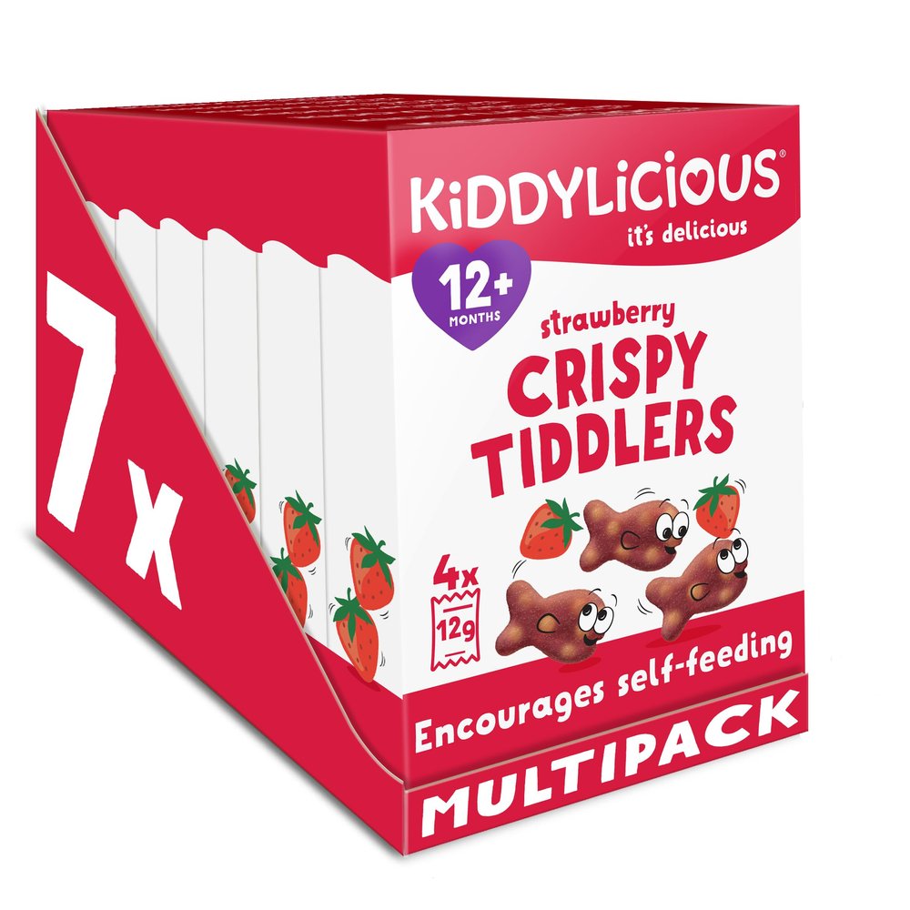 Kiddylicious Strawberry Crispy Tiddlers - Delicious Real Fruit Treat for Kids - Suitable for 12+ Months - 7 Packs of 4 (28 Total)