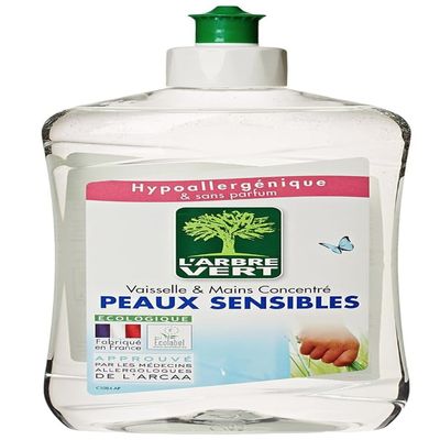 L'Arbre Vert Ecological Washing Up Liquid for Sensitive Skin Hypoallergenic Fragrance Free 500 ml Bottle - Pack of 3