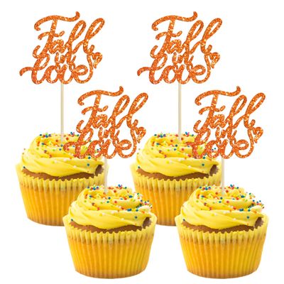 24Pcs Fall in Love Cupcake Toppers Glitter Fall Theme Bridal Shower Cupcake Picks for Autumn Wedding Engagement Anniversary Birthday Party Cake Decorations Supplies Orange