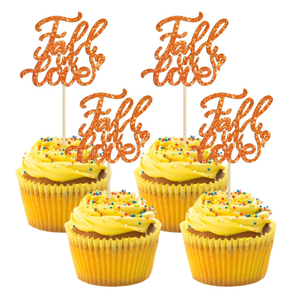 24Pcs Fall in Love Cupcake Toppers Glitter Fall Theme Bridal Shower Cupcake Picks for Autumn Wedding Engagement Anniversary Birthday Party Cake Decorations Supplies Orange