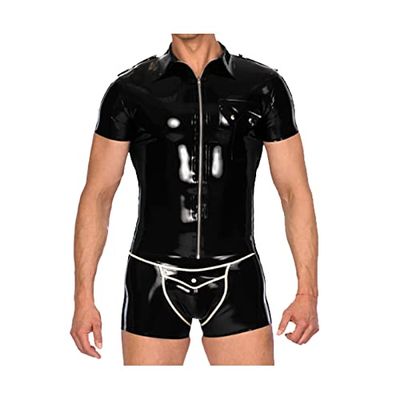100% Latex Short Slevees Black Tight Top and Boxer Shorts-Orange,Red,XXS