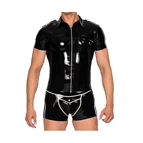 100% Latex Short Slevees Black Tight Top and Boxer Shorts-Orange,Red,XXS