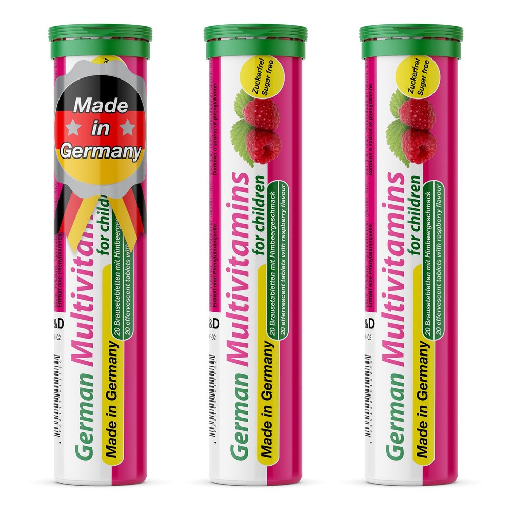 German Multivitamin for Children 60 Drink Effervescent Tablets - Sweet Raspberry Flavour, Sugar Free, Vegan - Vitamin C, E, B1, B2, B6, B12, Folic Acid, Niacin  T&D Pharma  Made in Germany