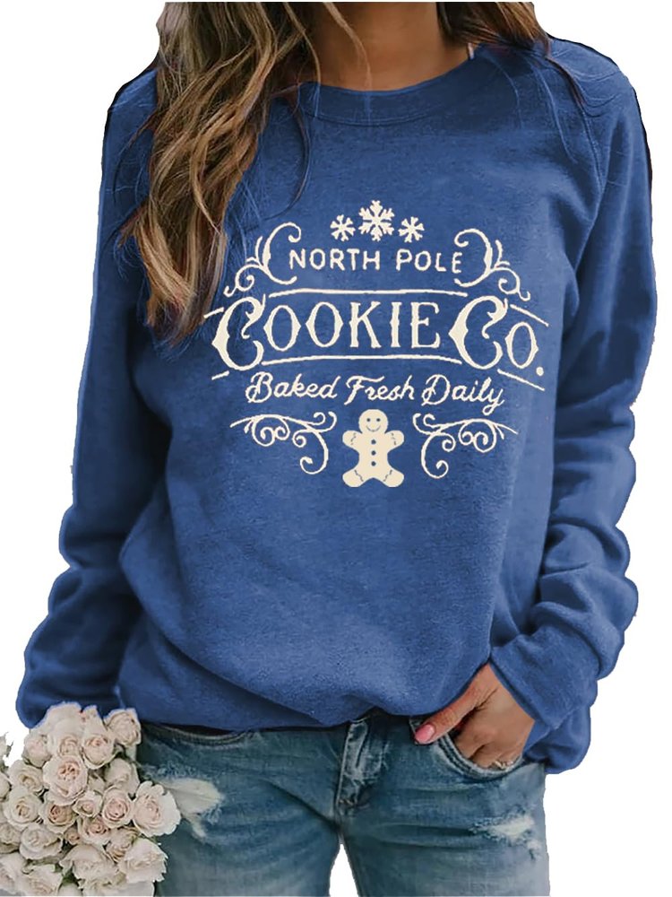 SameeFloral North Pole Milk And Cookie Company Sweatshirt Christmas Graphic Pullover Fun Gifts, Blue, XXXL