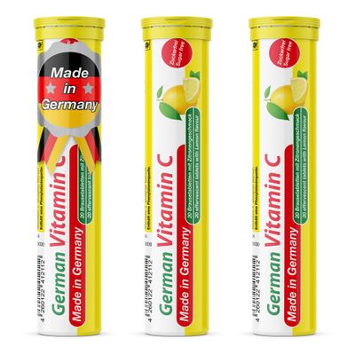 German Vitamin C 60 Drink Effervescent Tablets  Lemon/Lime Flavour, Sugarfree, Vegan  180 mg Vitamin C  T&D Pharma  Made in Germany