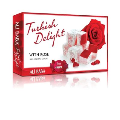 Ali Baba Rose Flavoured Turkish Delight (Gul Aromali Lokum) | Gourmet Sweet Confection with Elegant Packaging | A Lovely Treat and Gift for Special Occasions | 350g