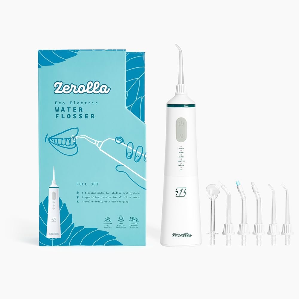 Zerolla Eco Electric Water Flosser Full Set | Cordless Dental Water Flossers for Teeth with 5 Flossing Modes & 6 Specialized Jet Nozzles | USB Rechargeable & IPX7 Waterproof Oral Plaque Remover Tool