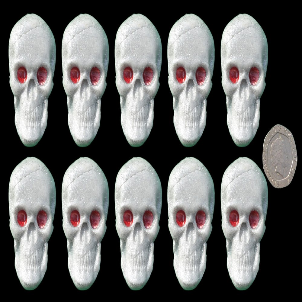10 x Edible 3D Medium Terminator Skulls glowing eyes icing toppers, cake cupcakes decorations