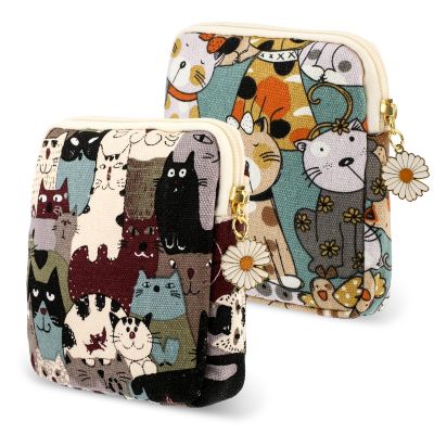 Amabro Sanitary Napkin Storage Bag, 2PCS Period Bags Cute Sanitary Pad Storage Pouch Tampon Pantyliners Menstrual Purse Daisy Zipper for Women Teen Girls School Travel Feminine Product(Cat)