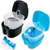 2 Pack Denture Case False Teeth Container with Brush, Denture Cup False Teeth Holder Denture Bath Box Soaking Case Travel with Strainer Basket - Black and Blue view 1