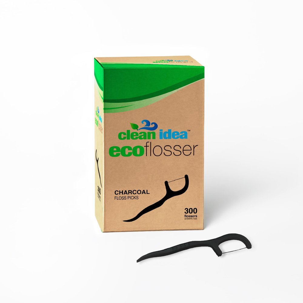 Clean Idea EcoFlosser 300 Picks - Charcoal Dental Floss Picks for Teeth Cleaning - Biodegradable Floss Picks - Dental Floss Picks - Plant Based - Vegan - Sustainable - Eco Friendly