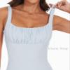BEJONS Women's Sexy Square Neck Ruched Bodysuit Sleeveless Double Lined Tank Tops, Teal Blue, Small view 4