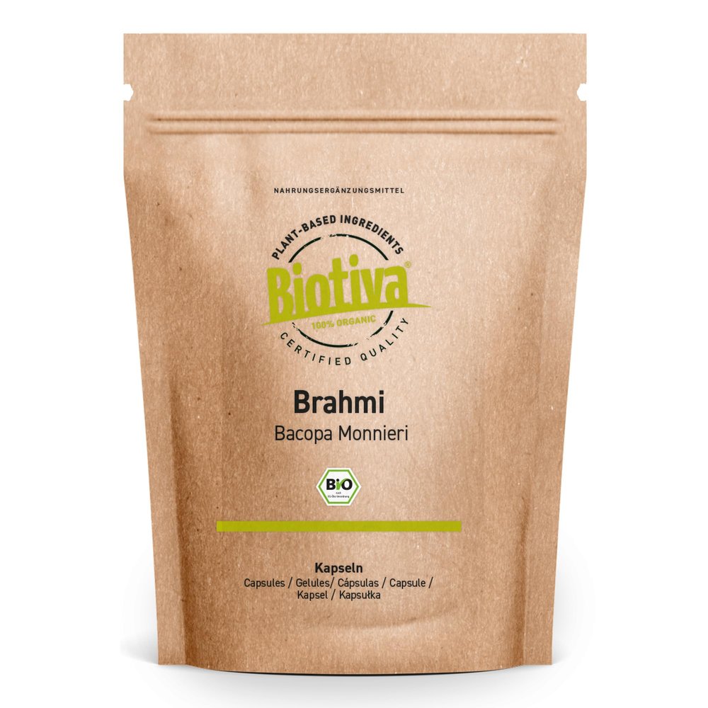 Brahmi Capsules Organic | 180 Capsules | 500mg per Capsule | Bacopa Monnieri | Memory Plant | Vegan | Without additives | Bottled and Controlled in Germany | Biotiva