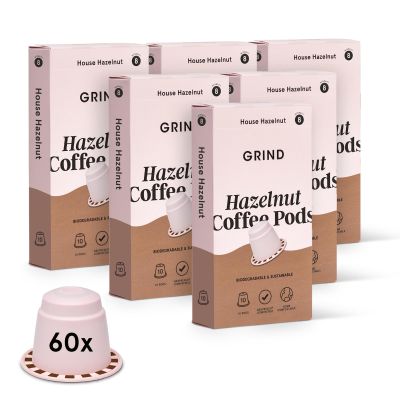 Grind Coffee Pods  Pack of 60 Biodegradable Capsules  100% Arabica  Nespresso Original Compatible  Home Compostable  Barista Quality and Specialty Grade  Medium Roast (Hazelnut)