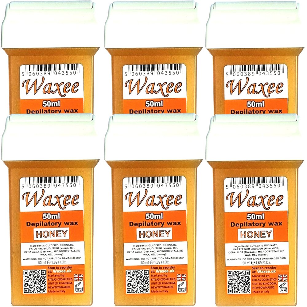 Waxee compatible for Veet EasyWax 50ml roll-on, roller wax cartridges, 6pcs Honey. (Wax cartridges only.)