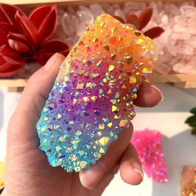 LVTFCO Natural Electroplating Rainbow Aura Crystal Cluster Energy Ornament Candy Color Quartz Gemstone,FREE COLOR,70,100g