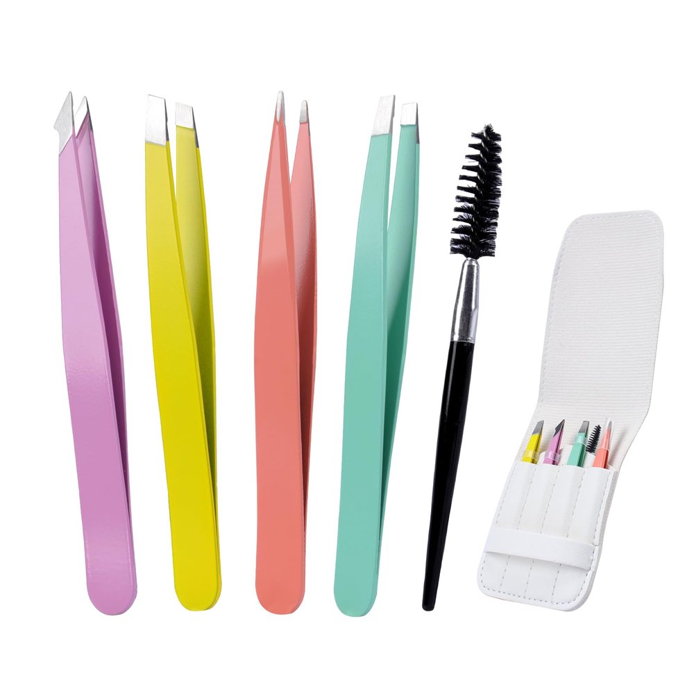 Alyvisun Pack of 5 Portable Tweezers, Professional Stainless Steel Tweezers, Eyebrow Plucking, Textured Non-Slip Coating, Suitable for Ingrown Hair for Men and Women (Multi-Colour)