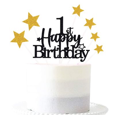Pargleev Glittery 1st Happy Birthday Cake Topper with Star,Personalised 1 Birthday Cake Toppers Party Decorations Party Supplies for Baby Boys Girls Black Gold