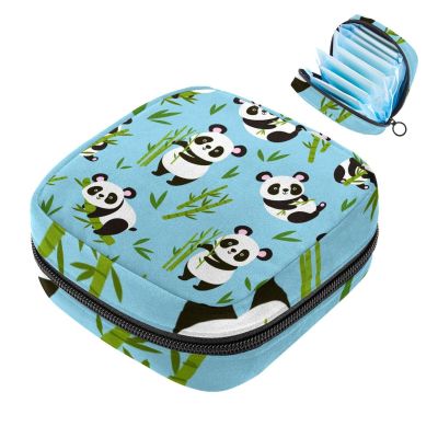 Sanitary Napkin Storage Bag Menstrual Cup Pouch Girls Travel Large Capacit Makeup Sanitary Pads Organizer, Cute Panda Bamboo Pattern