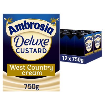 Ambrosia Deluxe Custard, Made With West Country Cream & Vanilla, Velvety Ready-to-Eat Dessert, 750 g (Pack of 12 Cartons)