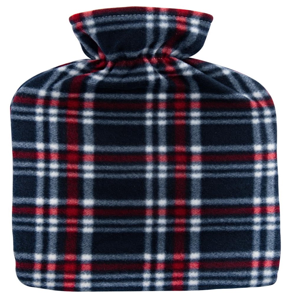 Hot Water Bottle with Fleece Cover 2L Check Polka Designs Warm Natural Rubber, Isla Check