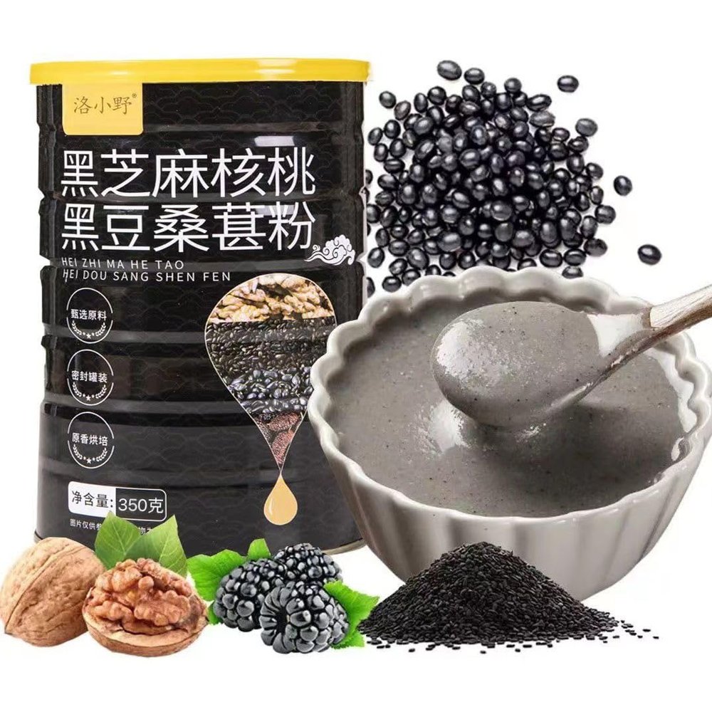 Black sesame walnut Black bean mulberry powder (350g/can) Healthy and nutritious breakfast porridge, brewed instant meal replacement powder, delicious snack gifts, multigrain cereal (1can)